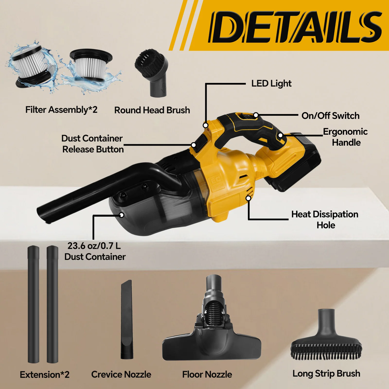 コードレス掃除機 400W ハンドヘルド電気掃除機 20KPA 強力な吸引 Dewalt 20V バッテリーに適合 (バッテリーなし)