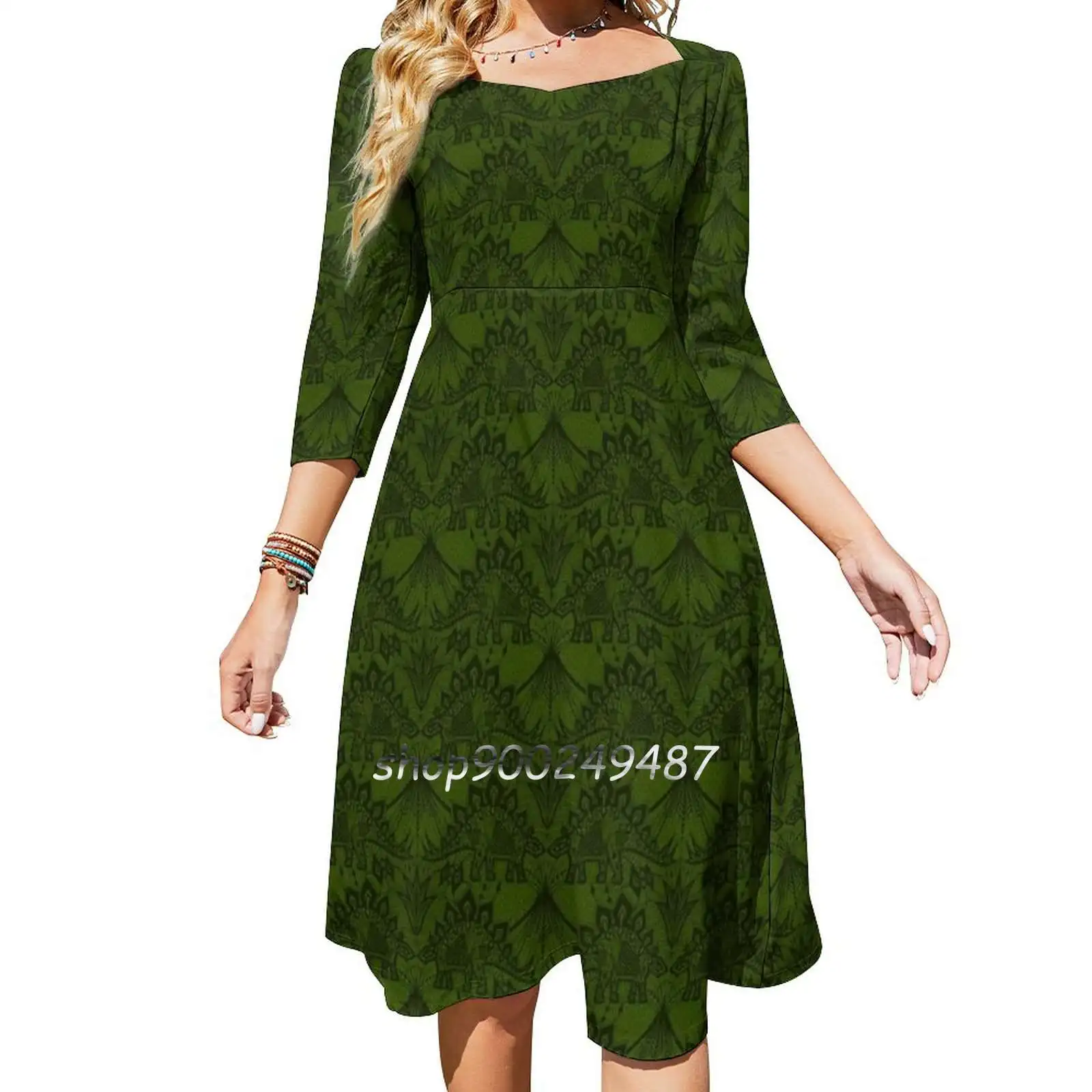 

Stegosaurus Lace-Green Square Neck Dress New Plus Size Elegant Women Waist Tight Dress Stegosaurus Stegasaurus Volcano Dinosaur