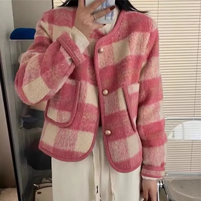 

Pink Purple Plaid Woolen Short Coat Women's New Winter Beauty Temperament Warm Jacket