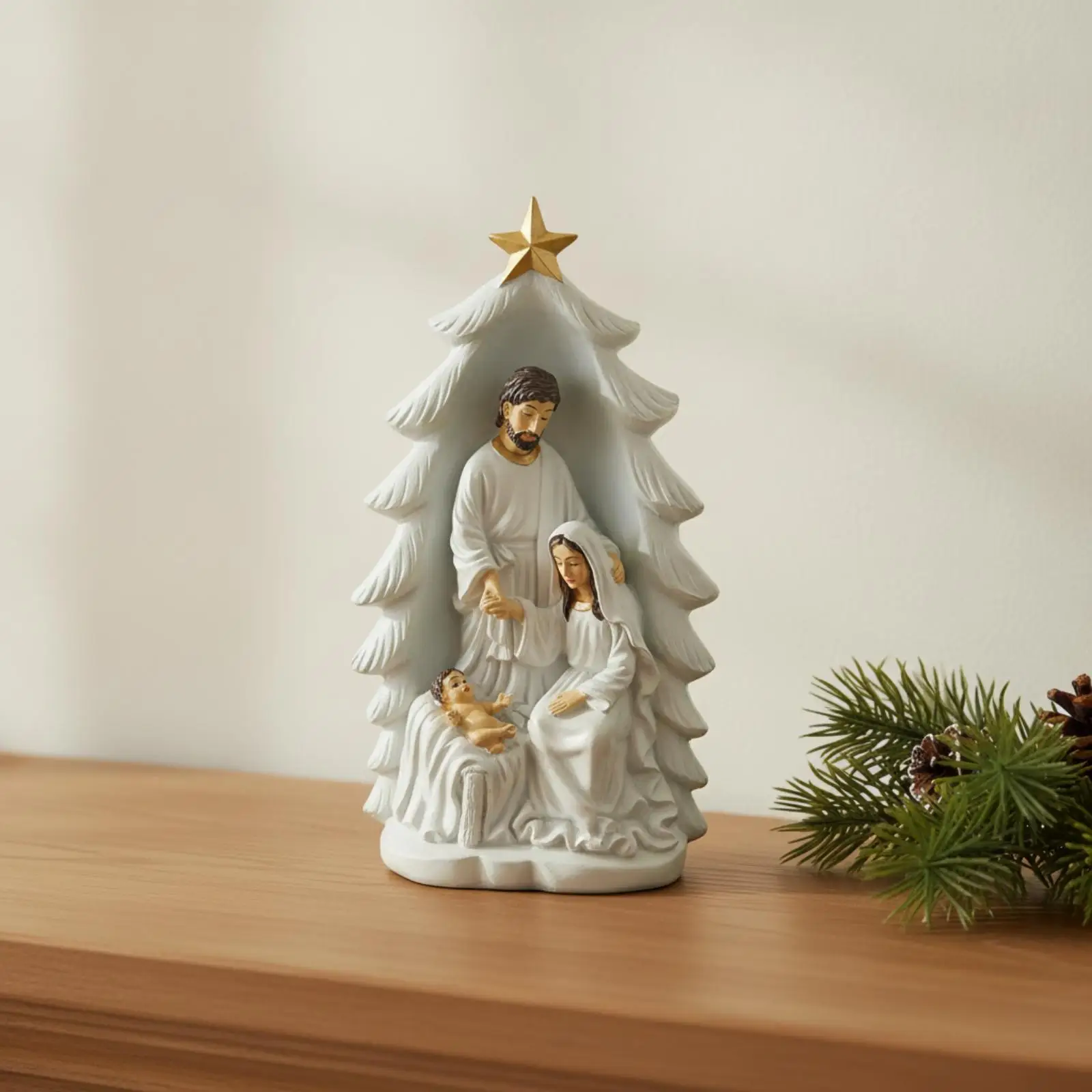 Family Figurine Featuring a Sculpted Fir Freestanding Tabletop Figurine Seasonal