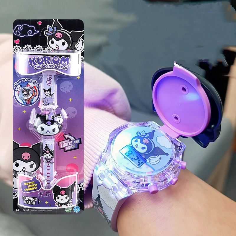 Sanrio Kuromi My Melody Kawaii Lighting Music Flip Watch Luminescent Electron Toys Creative Jewelry A Birthday Gift for Children