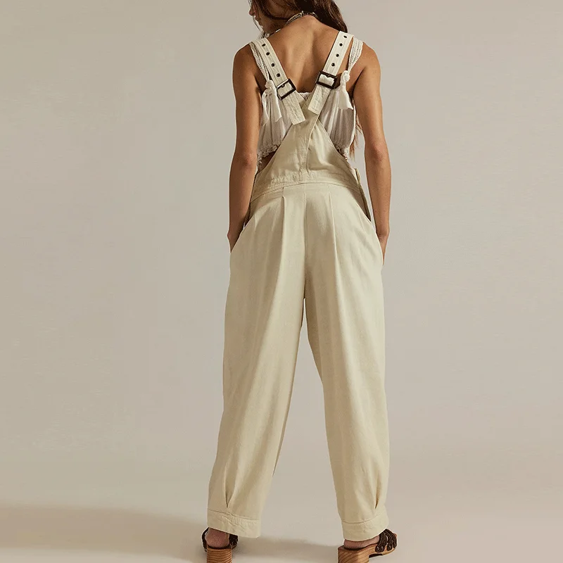 Overall Denim Tanpa Lengan Kasual Longgar Jeans Longgar Kancing Samping Wanita Romper Satu Potong Pakaian Jalanan Jumpsuit Kaki Barel Hitam