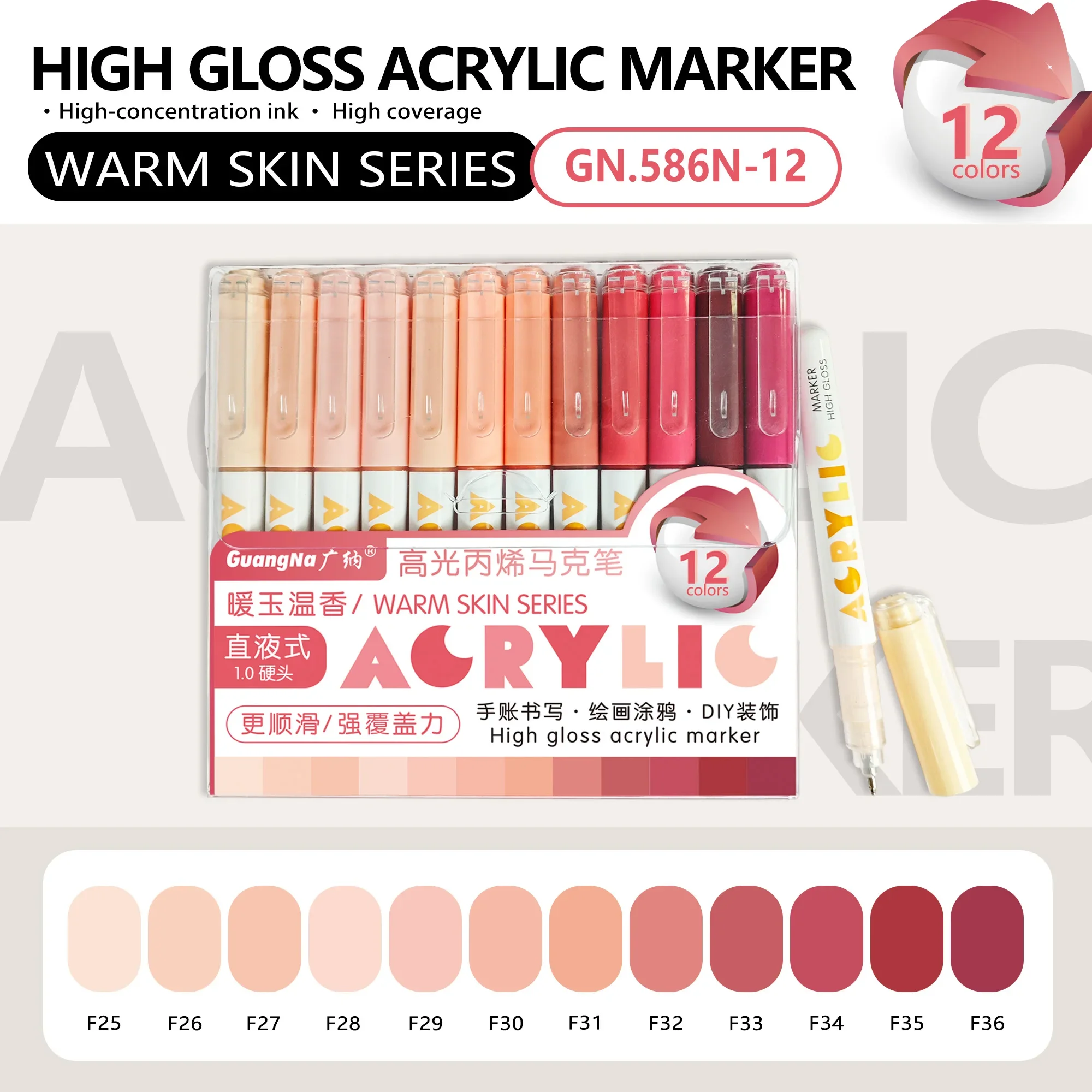 GuangNa 168/12 Kleuren Hoogglans Acrylmarker Set - Premium Direct Liquid Verfpennen voor Kunst, Schilderen, Handlettering & DIY