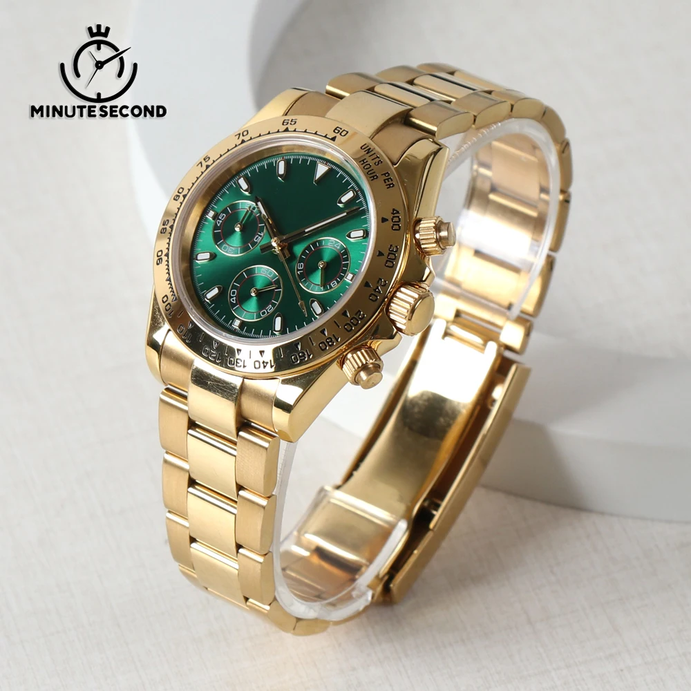 

MINUTESECOND Quartz Watch VK63 Watch Green Dial Movement Chronography Timing Sapphire Crystal Waterproof Men Gold NO LOGO Watch