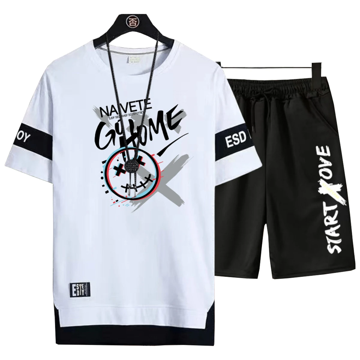 Men's Short Sleeved Shirt Casual Shorts Letter Printed Pattern Round Neck Top Youth Student hip-hop Clothing Spring Summer