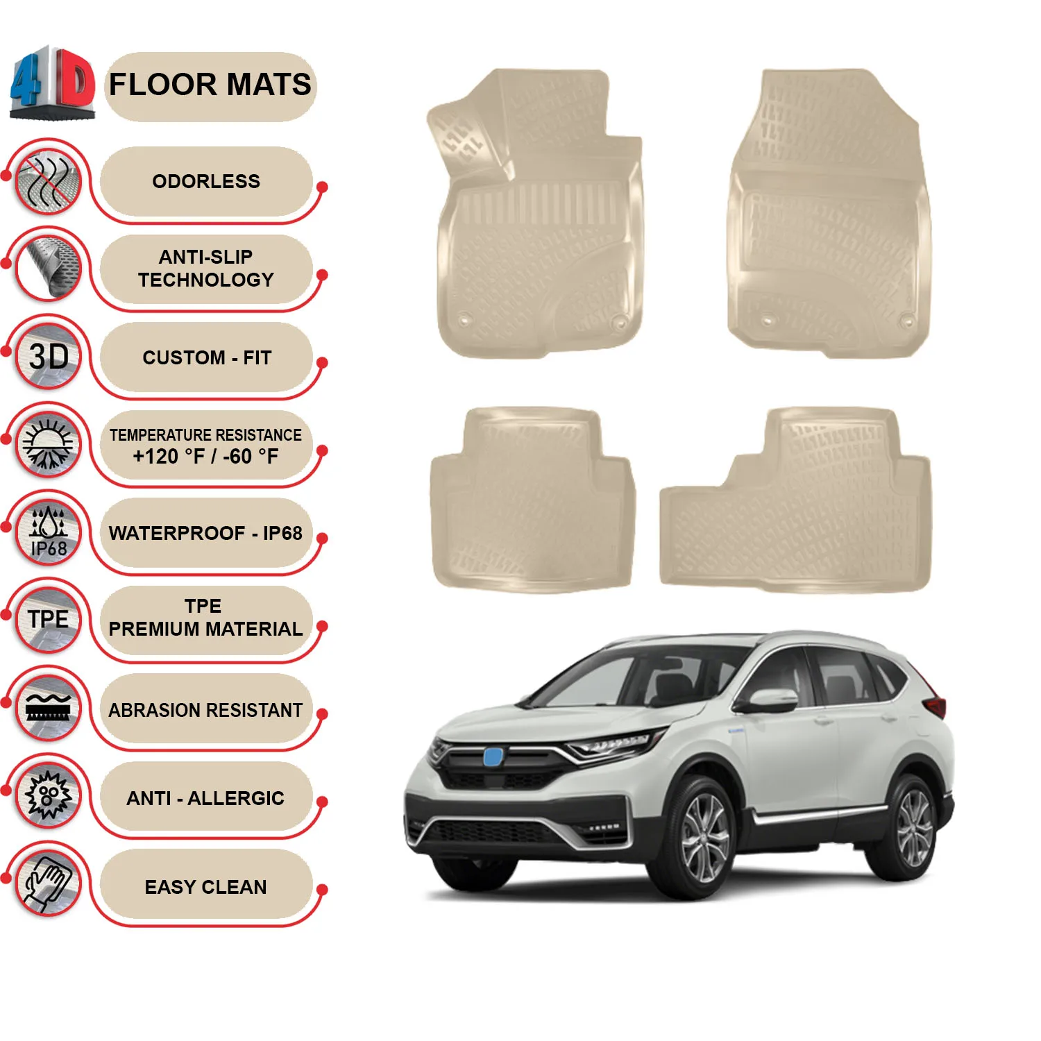 Honda CR-V Hybrid - (2018-2022) Floor Mats Liner Waterproof 3D - (Beige)