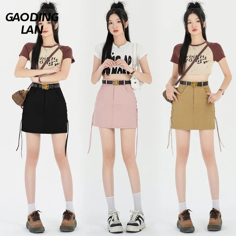 

GAODINGLAN Simple Solid Prevent Expose Women Mini Skirts Summer High Waist Preppy Hip Wrap Jean Skirt Female A Line Denim Skirt