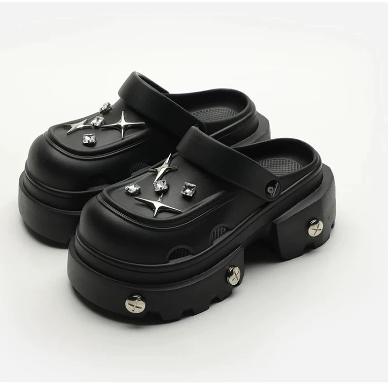

2026 Summer Subculture Y2k Rivet High Heels Hole Shoes Women's Summer Wear Fashion Punk Bag Head Half Drag Sandals Female