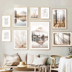 Beige Mountain Lake Forest Landscape Line QuotesWall Art Canvas Painting Nordic Posters and Prints Living Room Decoration Murals