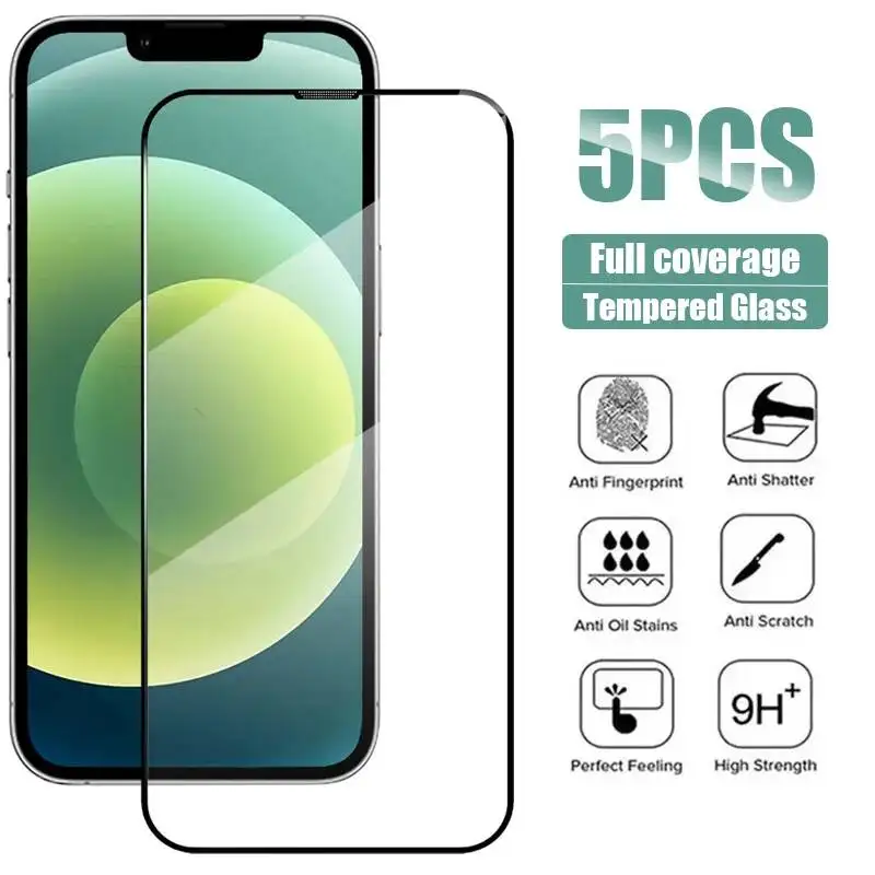 

5PCS Full Cover Tempered Glass 11 12 13 14 15 16 Pro Screen Protector For Iphone X XR Xs Max Protective Film