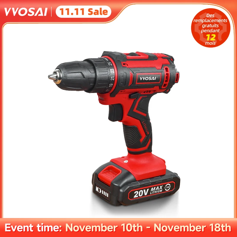 VVOSAI New 20V Cordless Drill Electric Screwdriver Mini Wireless Power Driver DC Lithium-Ion Battery 3/8-Inch 2 Speed Power Tool