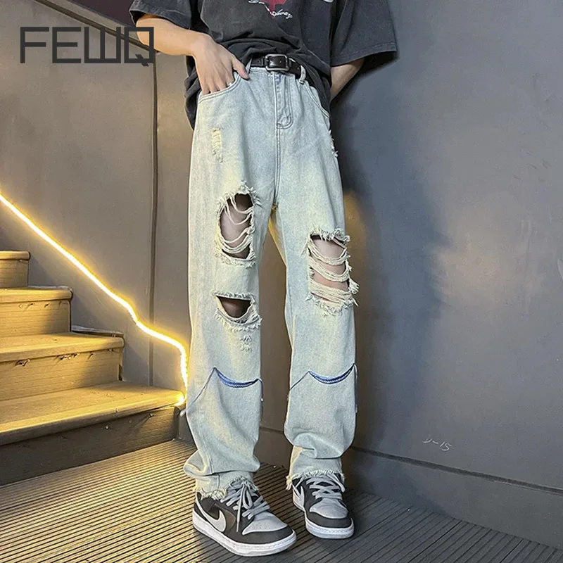 

FEWQ Summer Beggar Mud Hole Embroidered Men Jeans 2024 Hole Design Straight Leg Pants Korean Fashion Male Trousers 24X8501