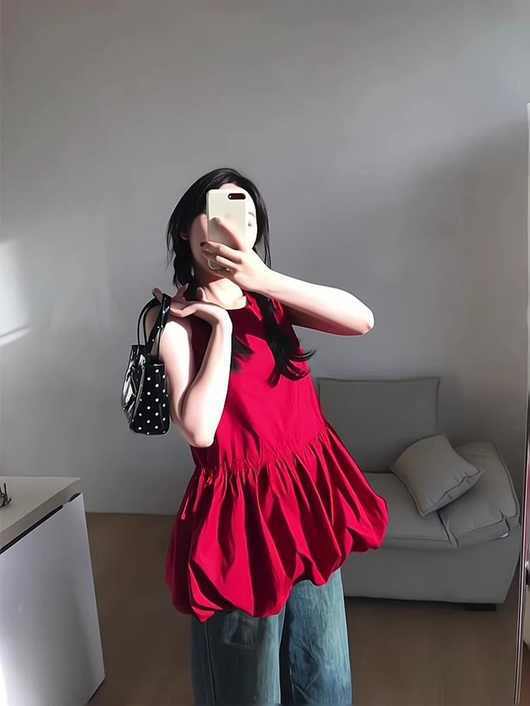 

plus Size Women's Flower Bud Vest Puffy Short Skirt Sleeveless Top Summer Waist-Cinching Doll Shirt round Neck Mid-Length