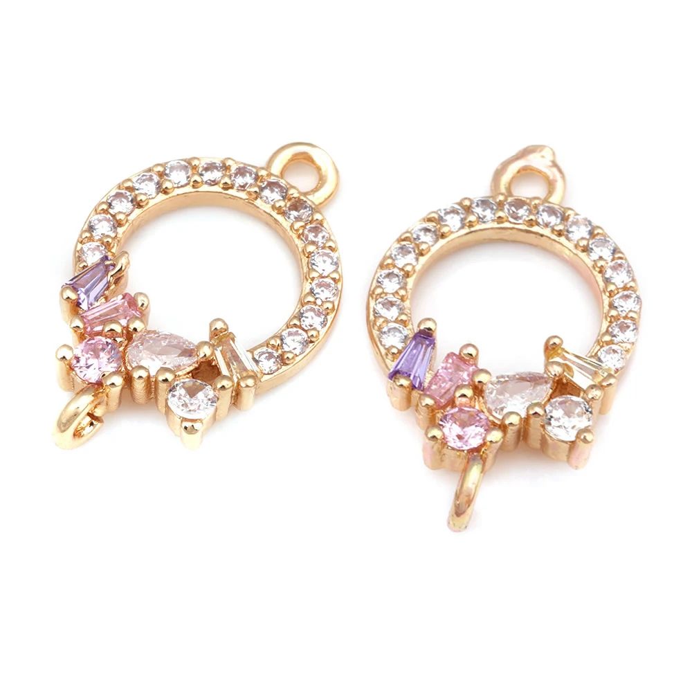 6PCS 18K Gold Color Brass and Zircon 2 Holes Round Connect Charms Pendants High Quality Diy Jewelry Making Earrings Accessories