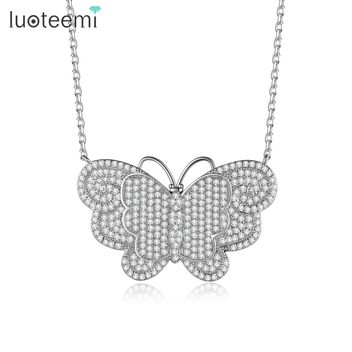 

LUOTEEMI Big CZ Butterfly Necklace for Women Tiny Cubic Zirconia Paved Insect Pendant Chain Wedding Bridal Accessories Girl Gift