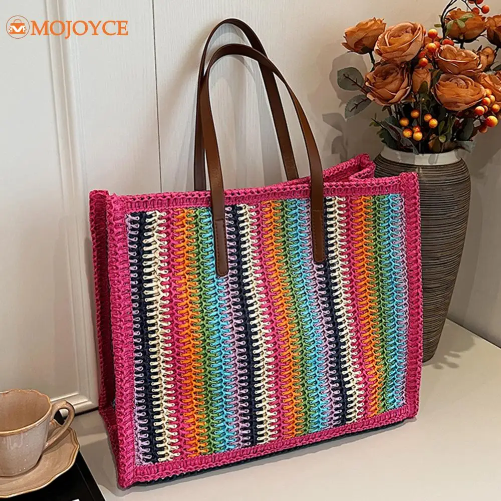 Women's Fashion Striped Summer Beach Straw Woven Shoulder Bag Handwoven Knitting Tote Bag Large Capacity Rainbow Square Handbags