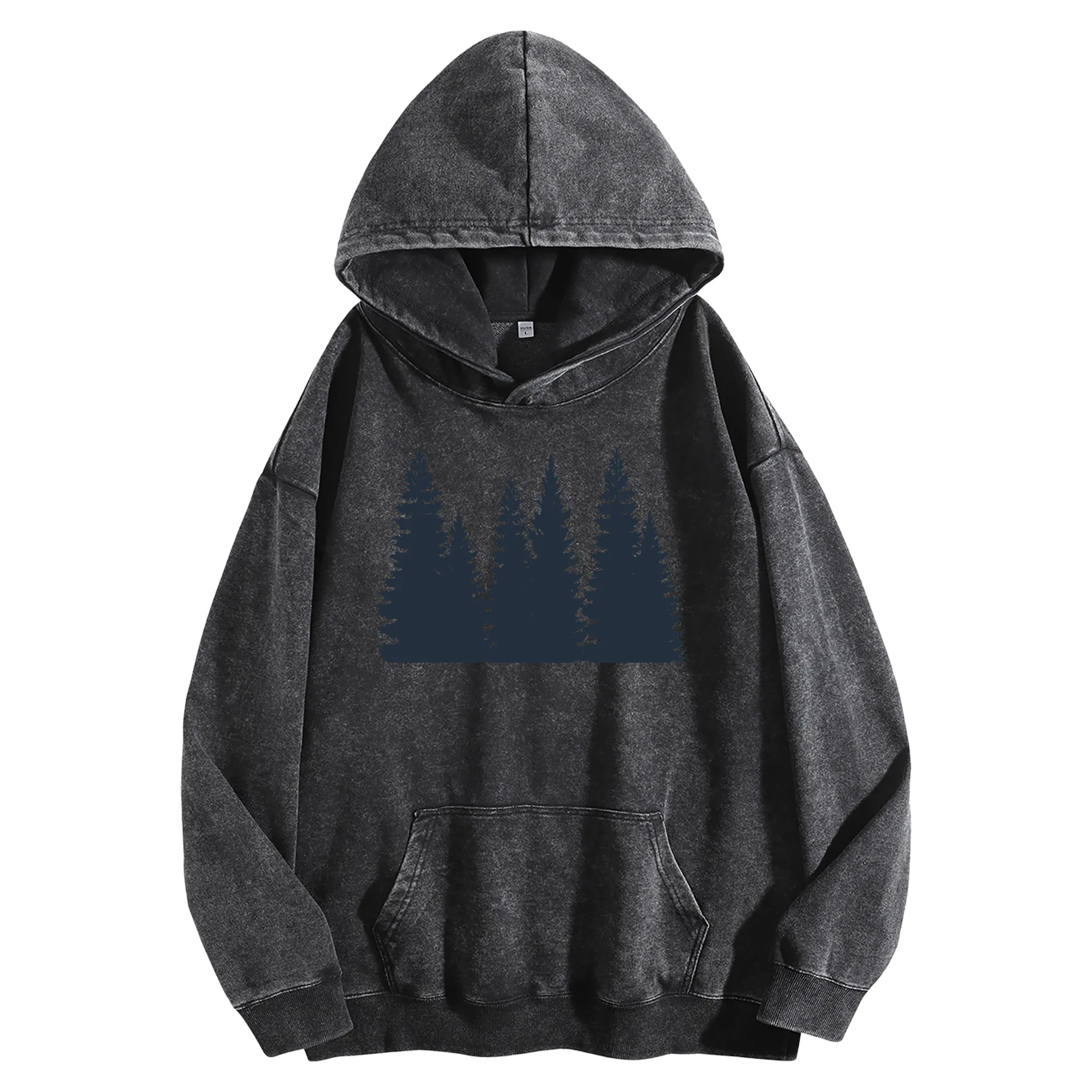 طباعة جرافيك الغابة 400G هوديي عتيق مغسول للجنسين بلوفر كبير الحجم ملابس الشارع مجموعة الخريف/الشتاء #3