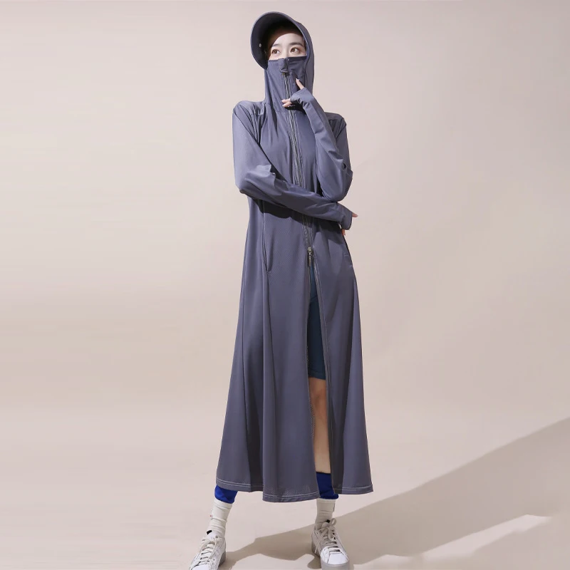 Summer Women Hooded Sun Protection Long Trench Coat With Hand Cover Design Breathable Thin Cool Fabric Cosy Clothing  Outerwear