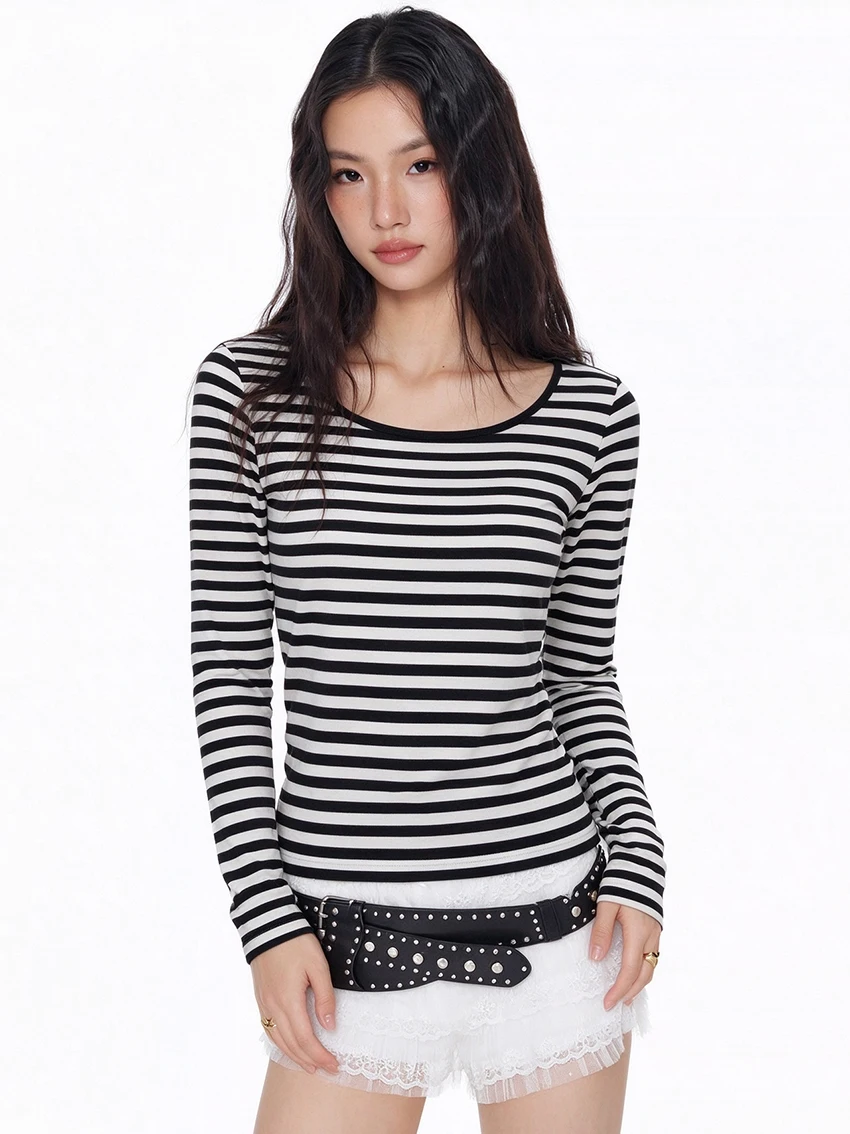 Women Y2K Retro Striped Long Sleeve Tees Fashion Square Neck Slim Fit Knit T-shirt Low Back Design Casual Daily Basic Layer Tops