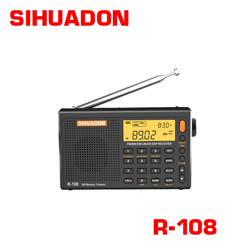 Sihuadon R108 Portable All-Wave Radio Knob Multifunctional Lcd Bancklight Display Radio Lithium Battery For Camping Home