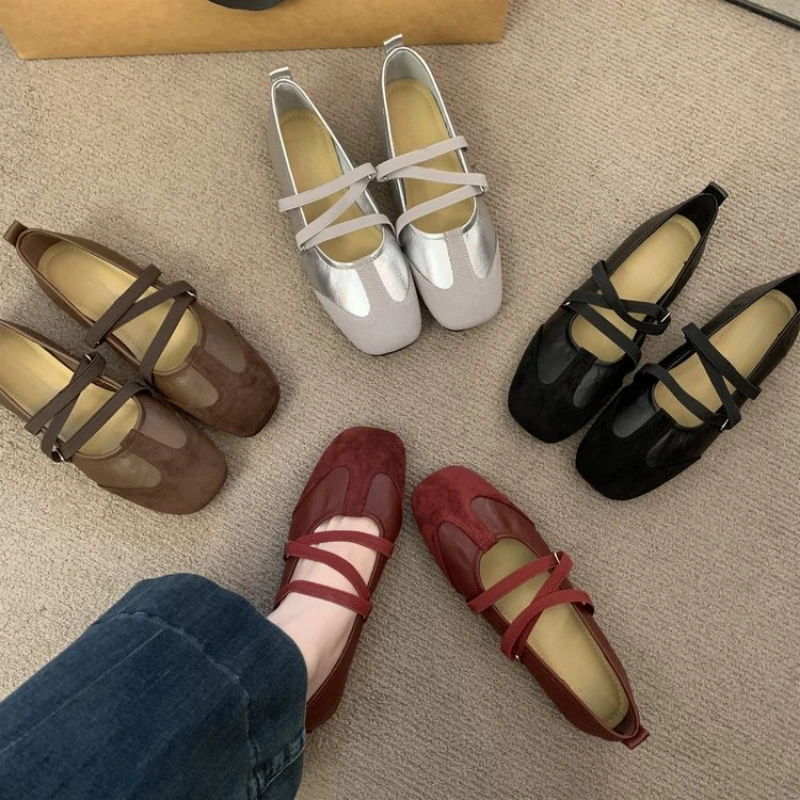 Frühlings-Ballerinas für Damen, bequeme, gespleißte Leder-Mary-Jane-Schuhe mit eckiger Zehenpartie, elastischen Kreuzriemen, Vintage-Sport-Damenschuhe