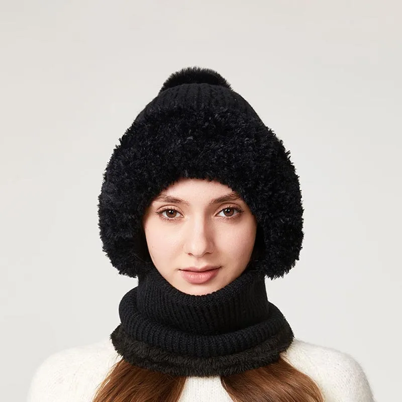 หมวกไหมพรมถักสีพื้นแบบยืดหยุ่นสูง ผ้าพันคอ หน้ากาก หมวกแบบชิ้นเดียว สีกากี สำหรับผู้หญิง ฤดูหนาว ปั่นจักรยาน กันลม สีชมพู หมวกอุ่น ขายส่ง