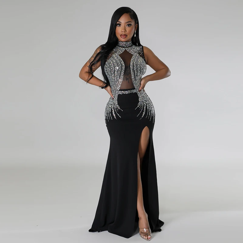 Damen Sommer mode ärmellose Hot Diamond Perspektive Mesh Kleid elegant und elegant Stil gewickelt Hüfte langes Kleid Kleid