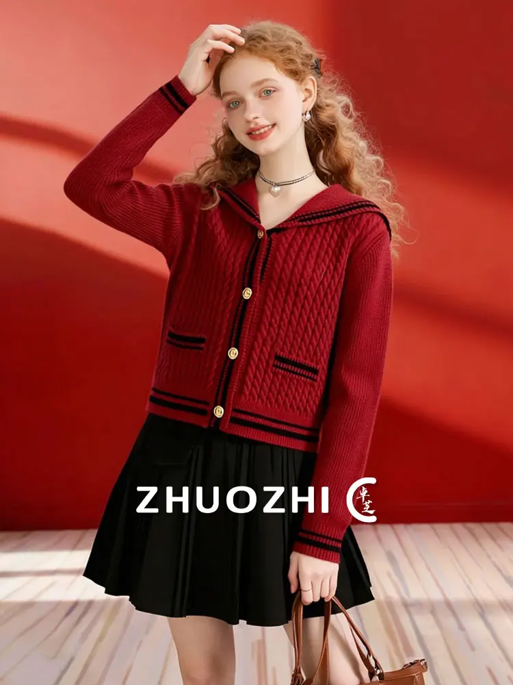 

ZhuoZhi College Navy Collar Knitted Open Cardigan Autumn New Sle Color Blo Red Sweater Women Soft Long Sve Button Detail