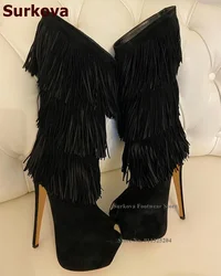 Surkova Elegant Black Suede Fringe Knee Boots Thin High Heels Platform Tassel Dress Boots Women Open Toe Outdoor Dress Shoes