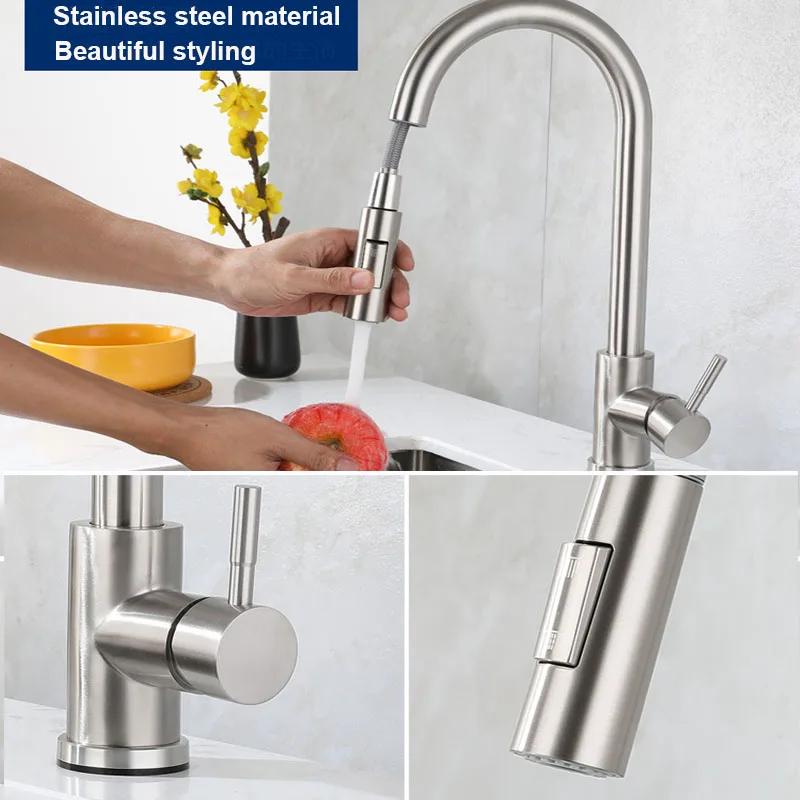 Kitchen Sink Faucet Black Stainless steel Faucet Two Function Single Handle Pull Out Mixer Hot and Cold Water Taps