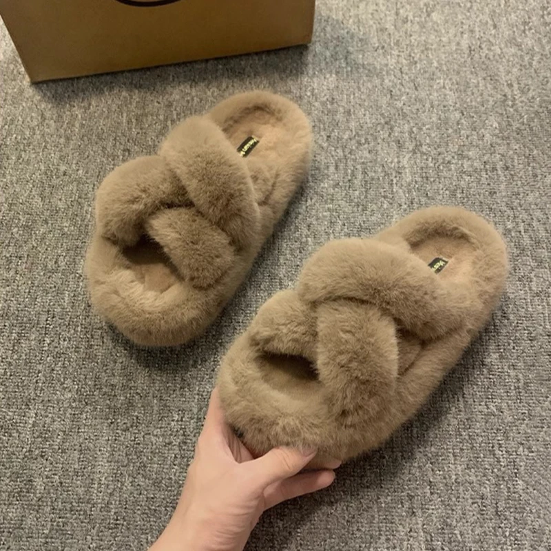 

Women's Plush Slippers for Autumn and Winter New Style Flat-soled Style Cross-strap Cotton Slippers Thick-soled Velvet Slippers