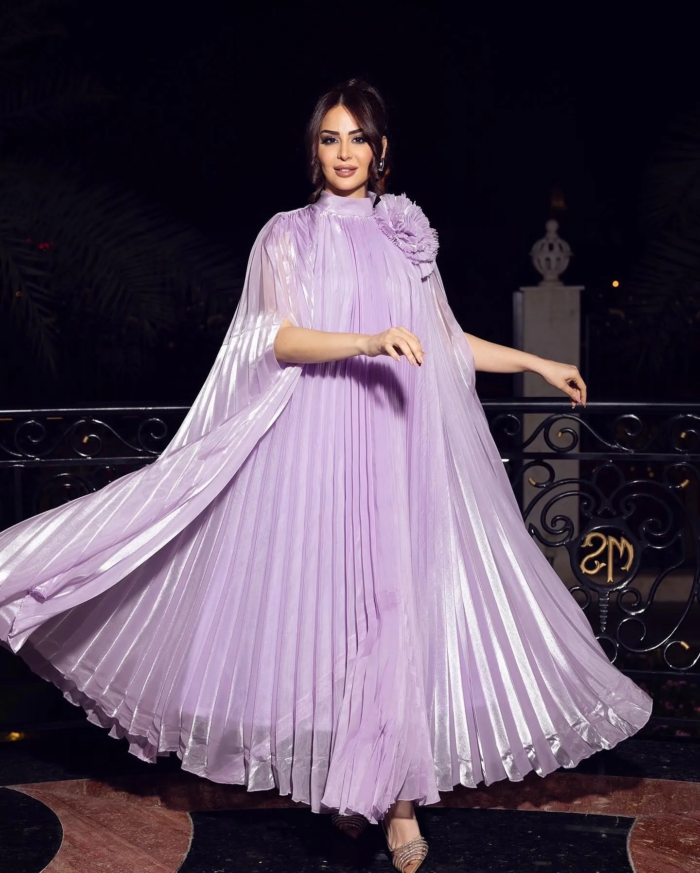 Couture Elegant Lavender Pleated Long Evening Dresses With Batwing Sleeves Handmade Flower Middle East Women Maxi Dress