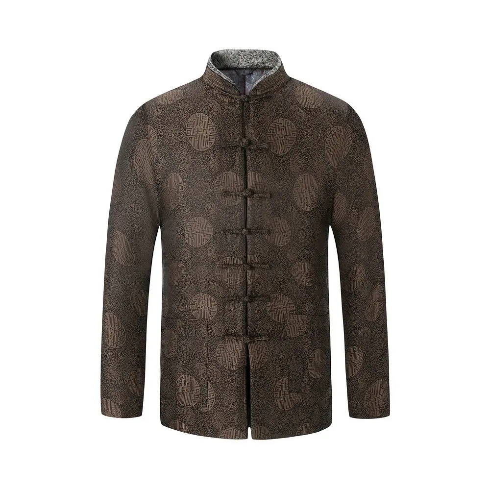 Manteau tunique matelassé pour homme, tissu de gaze d'arrosage chinois, veste zhuang plus riche avec col en fourrure, poignées amovibles, design, tenue Dragon Year, 2024