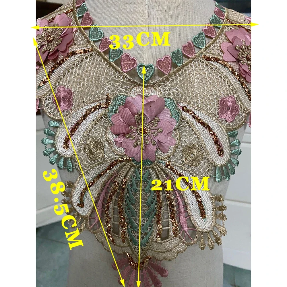 1Pc Net 3D Embroidered Fabric Color Flower Venise Lace Sewing Applique Lace Collar Neckline Ancient Collar Applique Accessories