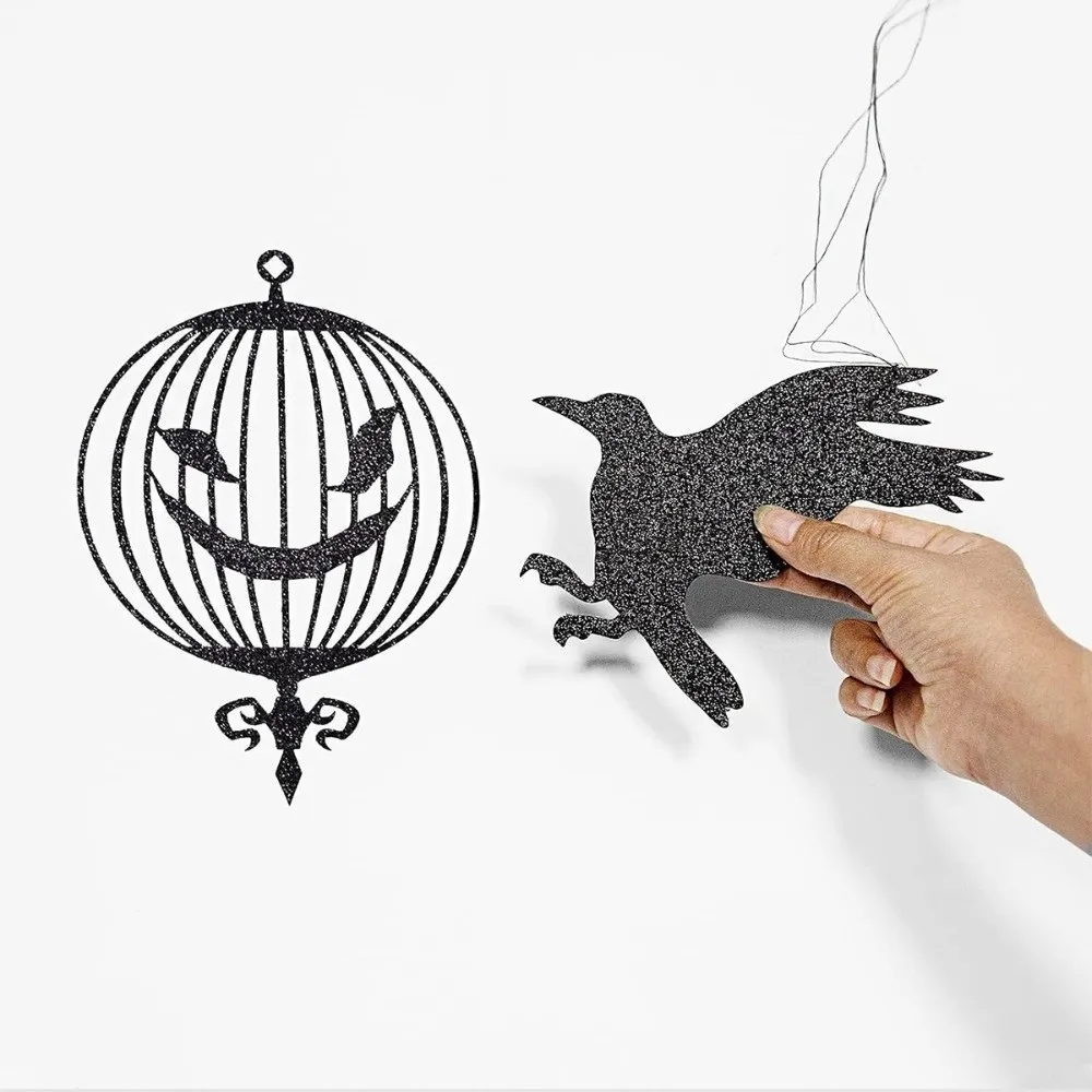 12pcs Dark Glittery Halloween Garland Thick Paper Lightweight Black Crow Hanging Decor Flat Pack Ready To Hang