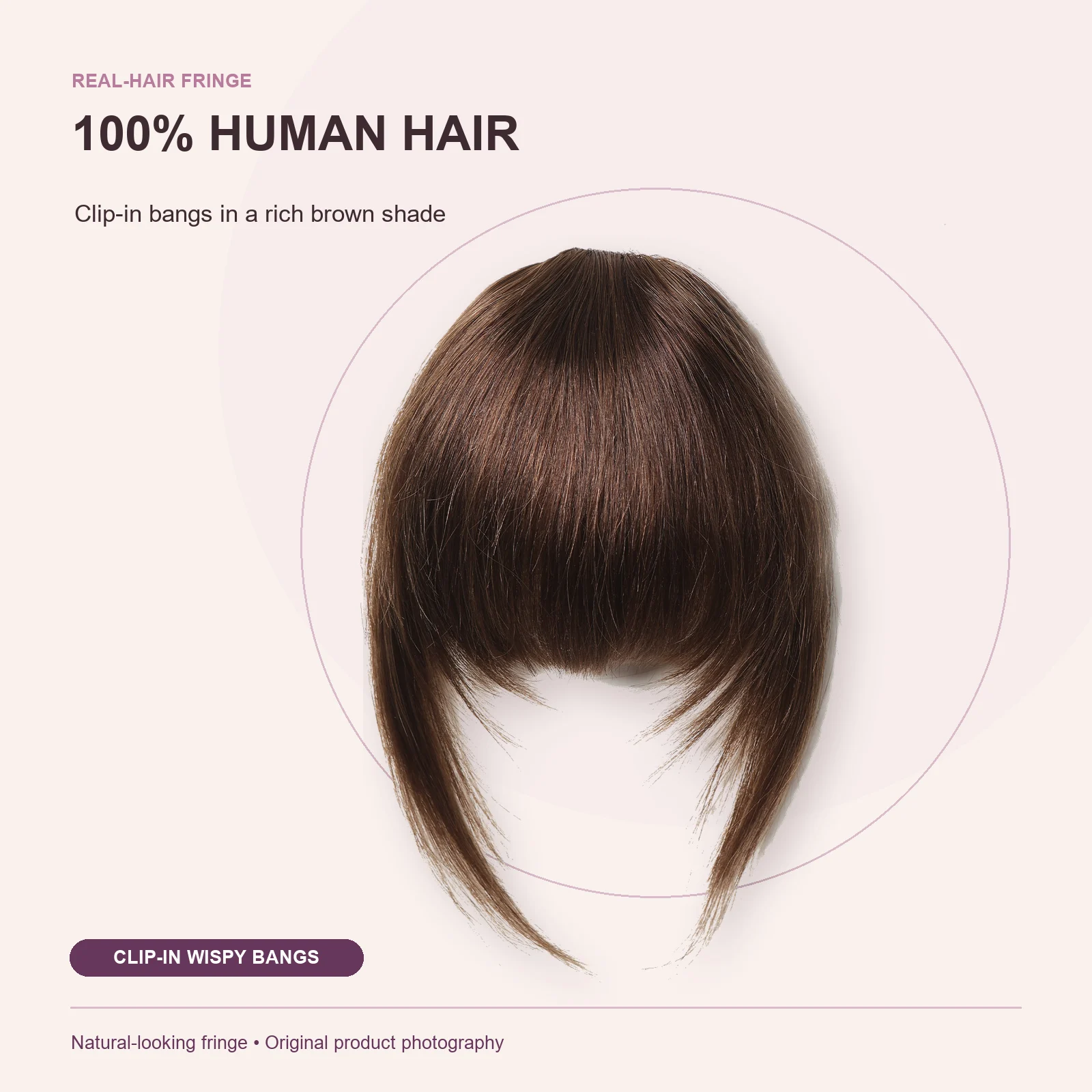 100% Human Hair Clip-In Wispy Bangs with Face-Framing Side Pieces Natural Rich Brown Fringe Hairpiece for Women