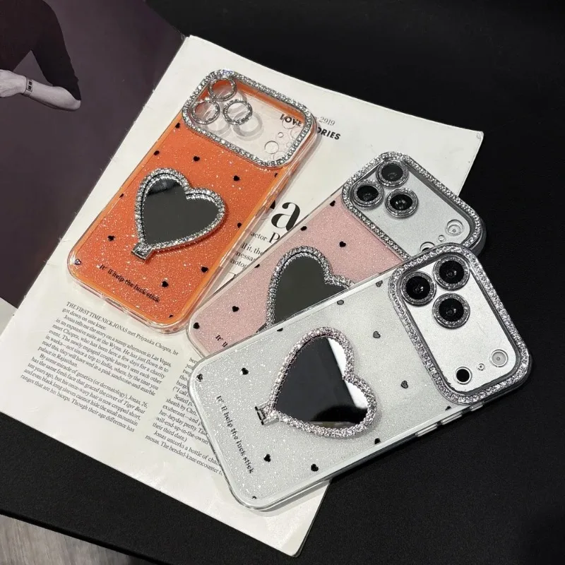 Glitter Diamond Love Heart Mirror Bracket Case for iPhone 16 17 18 Pro Max 15 14 Plus 12 13 Make Up Holder Stand Lens Film Cover view 5