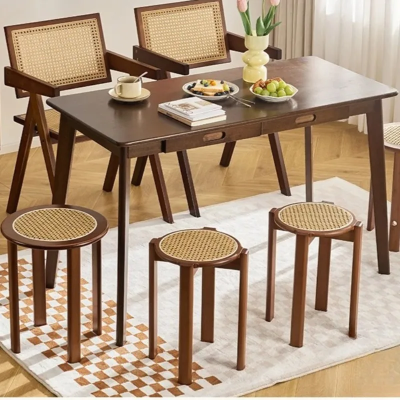 Japanese Style round Woven Rattan Stool Stackable Lightweight Ottoman Dining Chair Guest Seat Home Tea Table Accessory