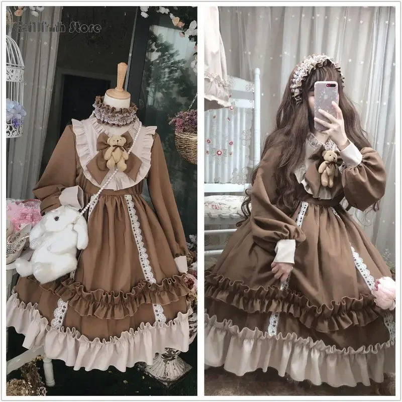 女性のための日本のロリータゴシックコスチューム,カワイイボウベアレース,青い長袖,プリンセスコスプレ,ハロウィーンの衣装,女の子へのギフト