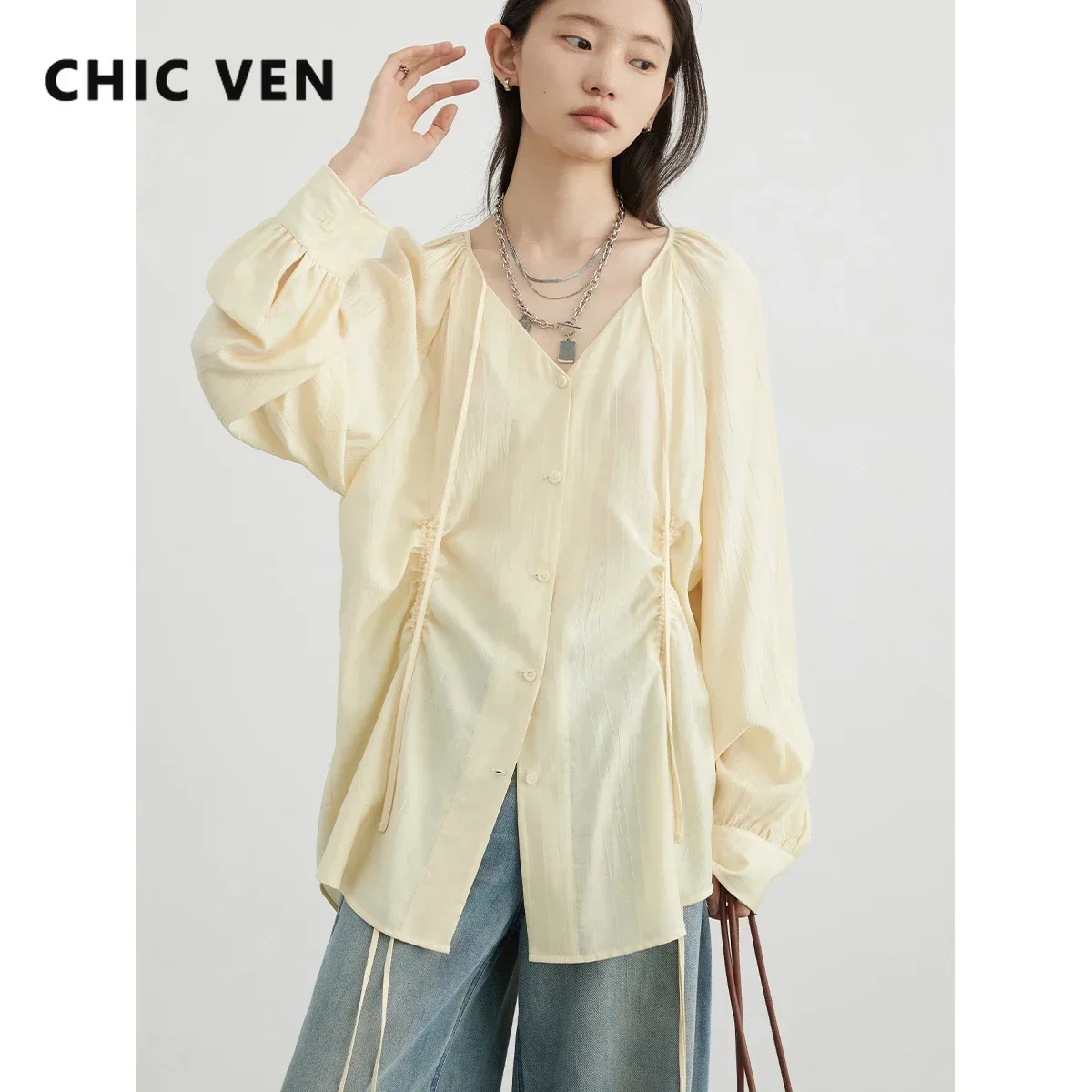 CHIC VEN Women Loose Lace Up Shirt Solid New Korean V-neck Pleated Raglan Long Sleeved Blouses Female Tops Summer 2024