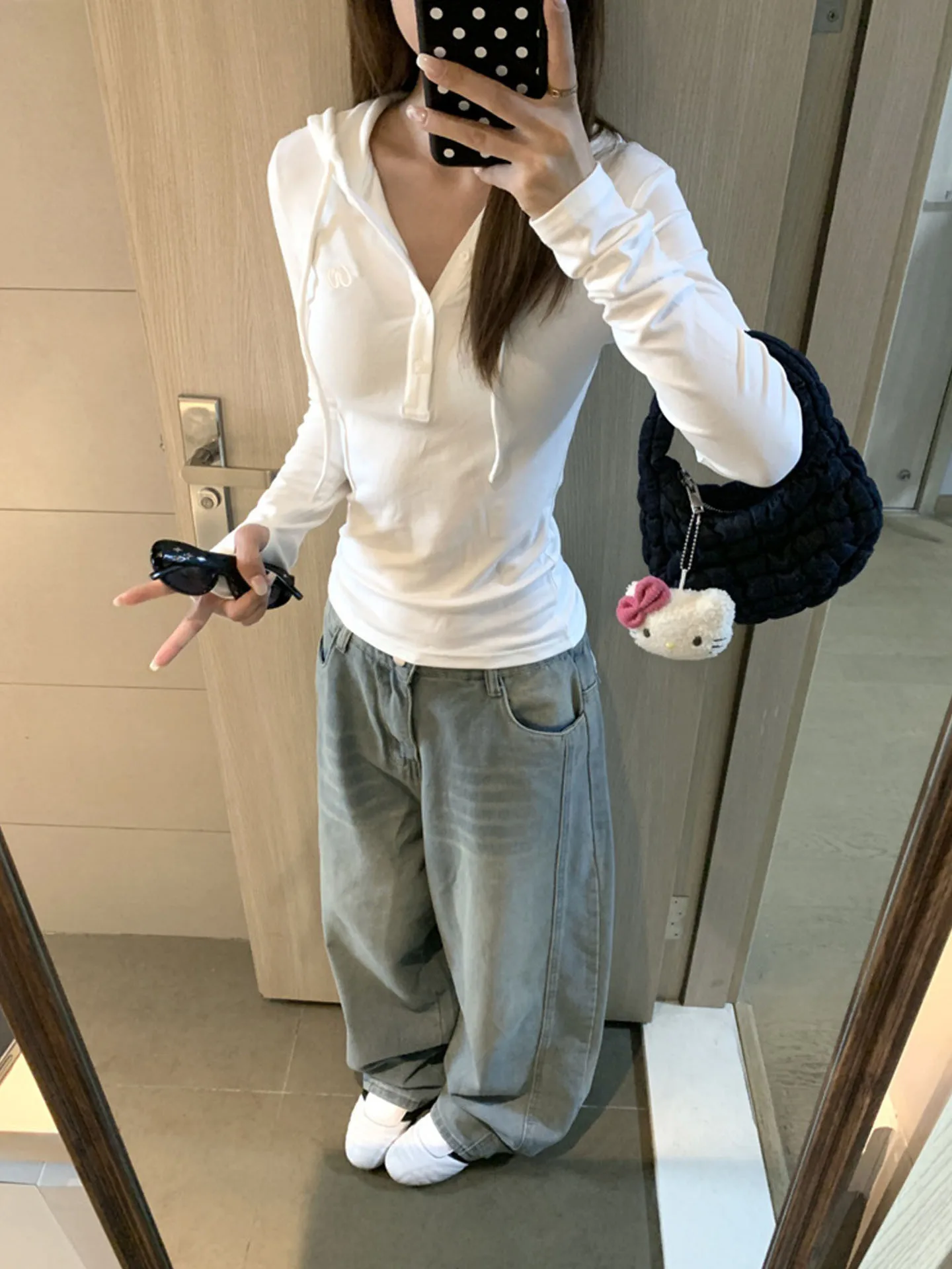 

American Sle Hot Girl f Open V Ne Button Hooded Long Sve T irt Женский осенний топ с воротником Sense Henry