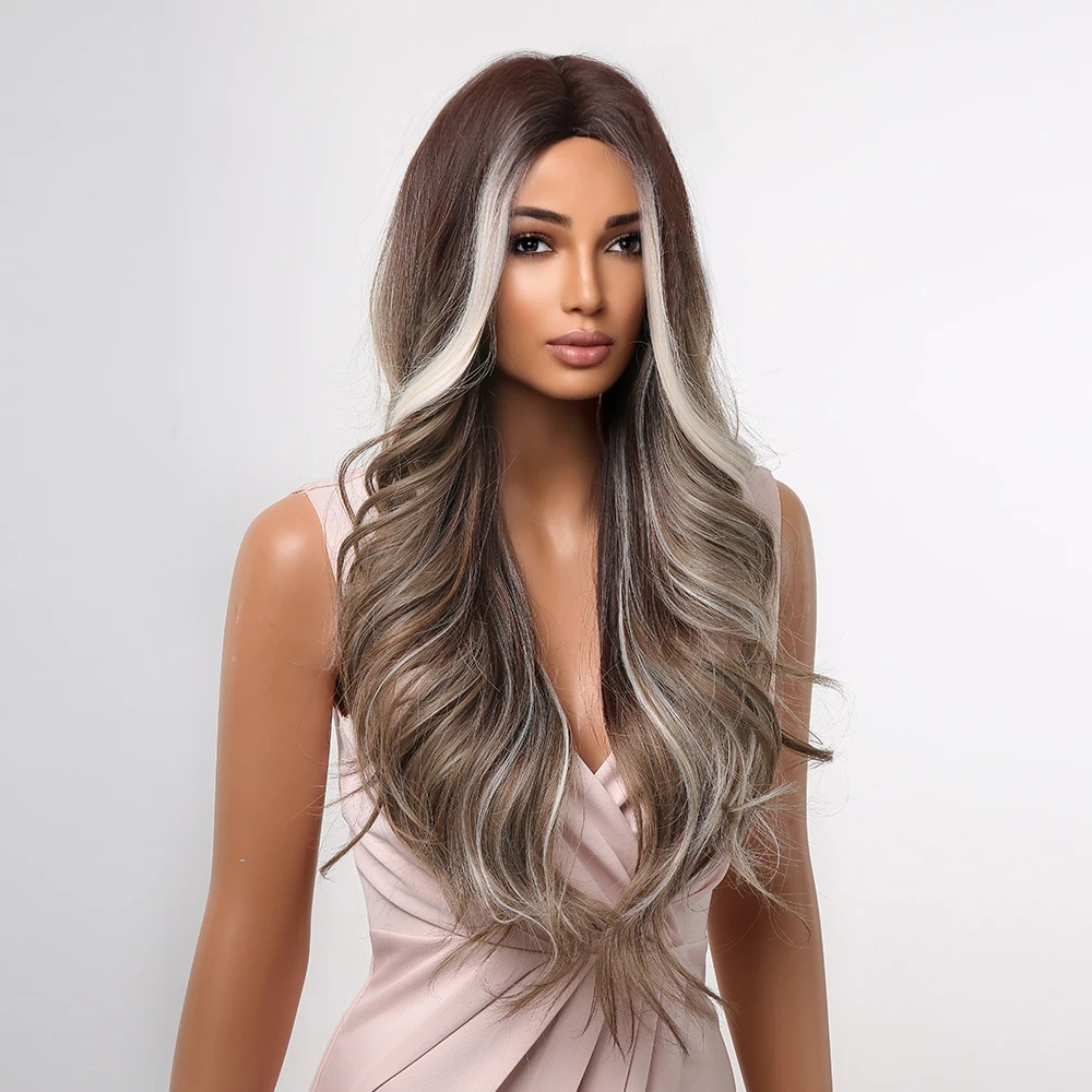 GEMMA شقراء تسليط الضوء على شعر مستعار بني الاصطناعية طويلة متموجة الباروكات للنساء المظهر الطبيعي شعر مستعار تأثيري حزب الباروكات مقاومة للحرارة #2