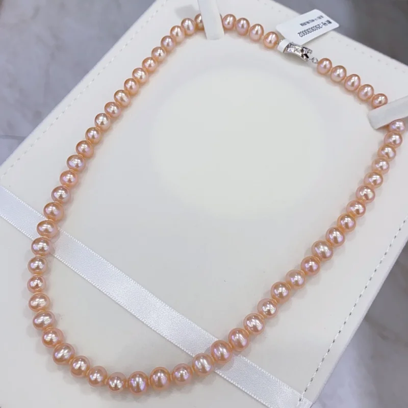 

SGARIT 925 Silver Natural Freshwater Pearl Necklace Women's Pink Pearl Bead Strong Light Clavicle Chain SN30