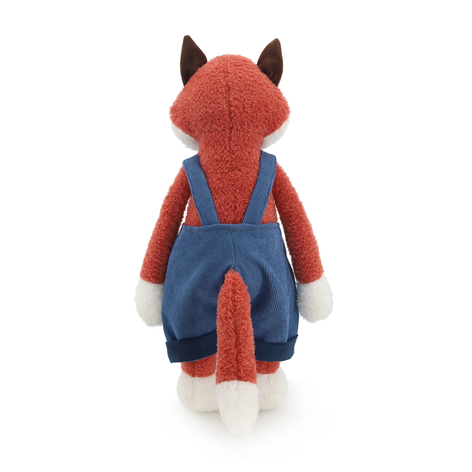 デニムオーバーオールを着た赤いキツネのぬいぐるみ、柔らかいぬいぐるみ人形、漫画の子供向けギフト、家の装飾、かわいいぬいぐるみ、子供の誕生日プレゼント