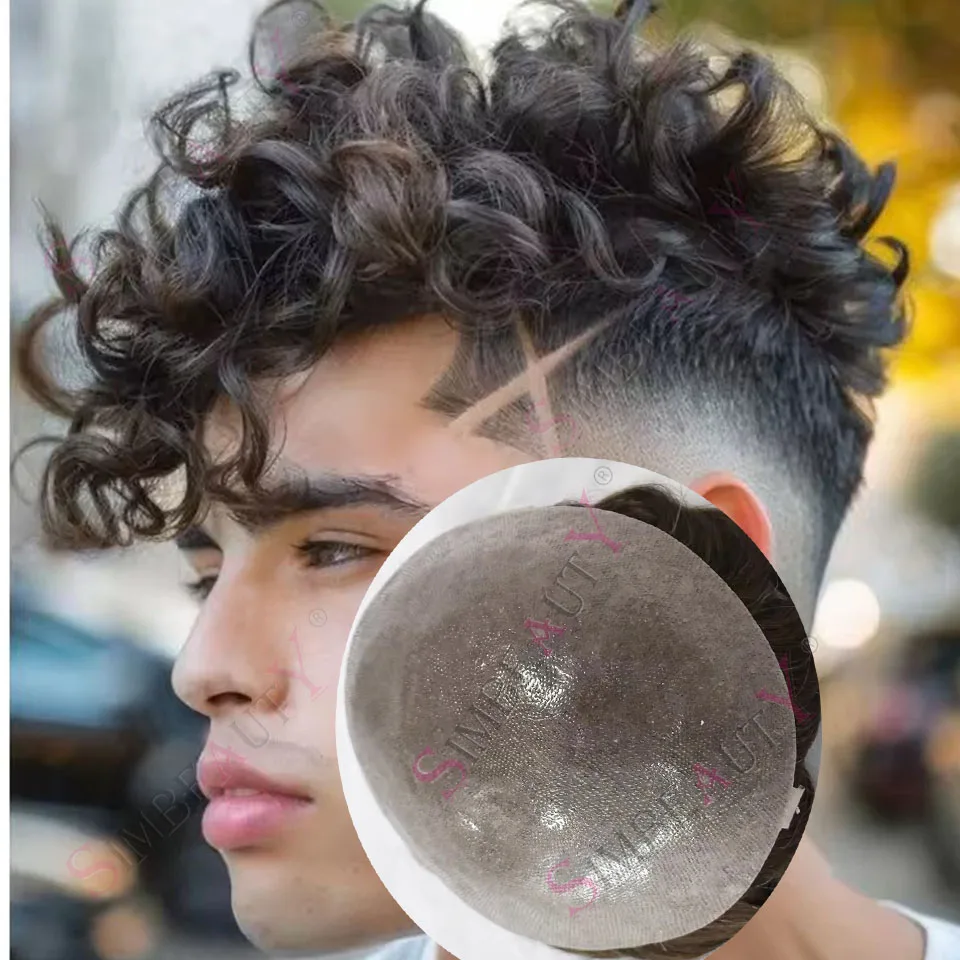 

28mm Curly Invisible Men's Wigs Super Ultra Thin Skin Blonde Grey Brown 240# Human Hair Durable 0.06mm Vloop Prosthesis For Male