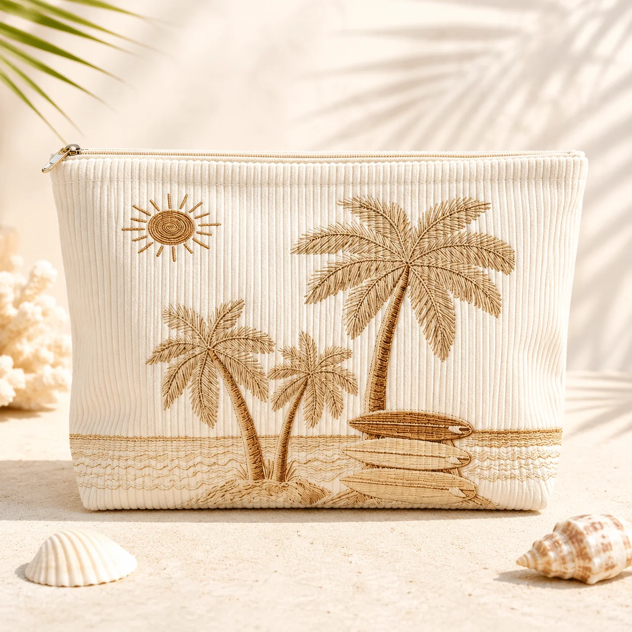 Palm Tree Cosmetic Bag Printing Corduroy Makeup Pouch for Beach Vacation Travel Toiletry Organizer Women Beauty Storage Case