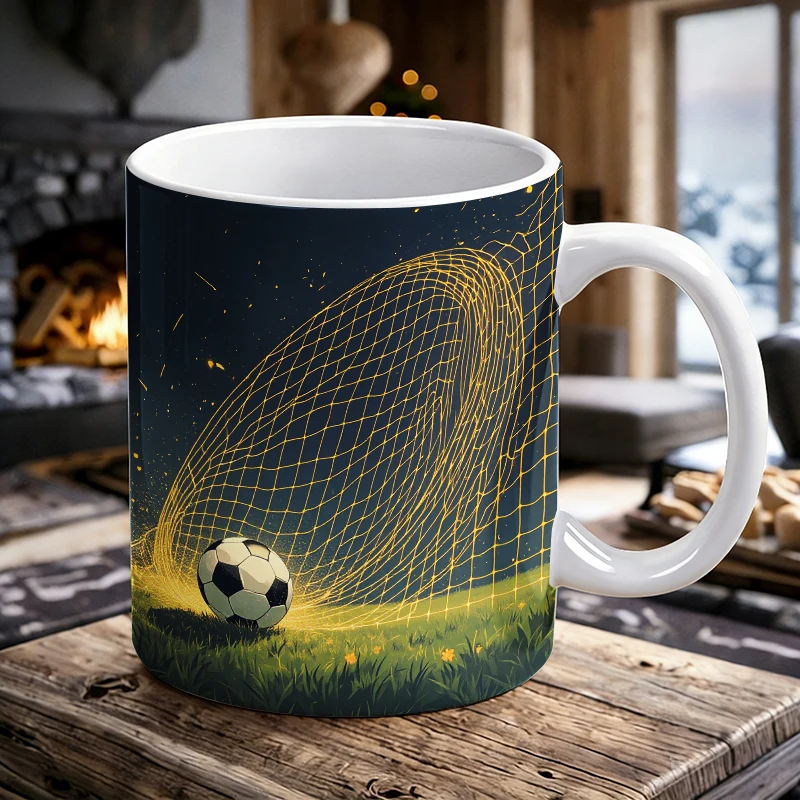 

Neon Light Goal Net Soccer Coffee Mug, Glowing Football Night Grass Ceramic Cup, 11oz Futuristic Sport Aesthetic Daily Drinkware