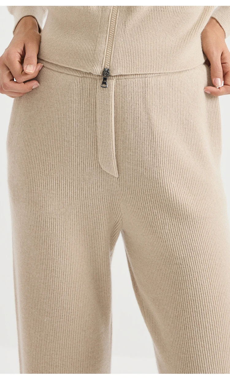 BY4621738 Damen High-Waist Wolle-Kaschmir-Mischung Englischer Rippstrick Gerade Hose mit Frontreißverschluss Schlichte Eleganz für den Herbst – Detail 4