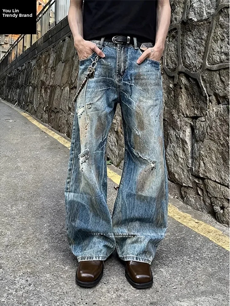 

Retro American Dirty Dyed Distressed Straight Leg Clean Fit Long Jeans Men Women High Street Loose Knife Denim Pants