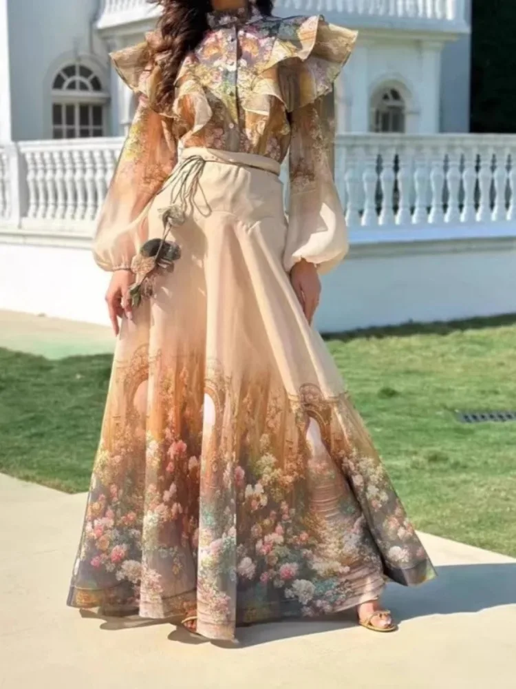 

Yeezzi Women's British Style Floral Printed Skirts Suits Long Sleeve Stand Collar Blouse & High Waisted A-line Skirt 2 Piece Set